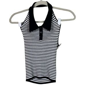 🌺 NWT Witty Fox medium Black collar halter top with white stripes